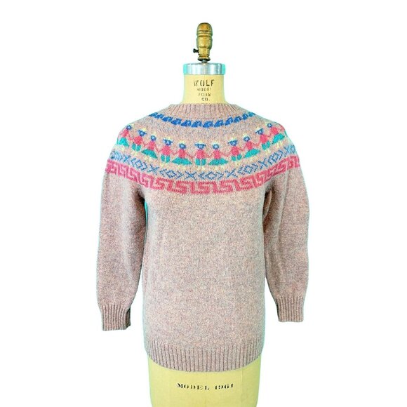 Vintage Sweaters - Vintage 80s Fair Isle Sweater Womens XS Pink People Metallic Novelty Pullover